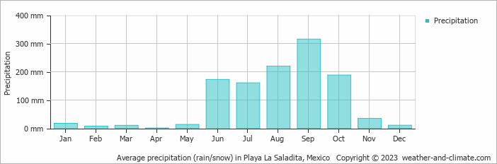 Average monthly rainfall, snow, precipitation in Playa La Saladita, Mexico